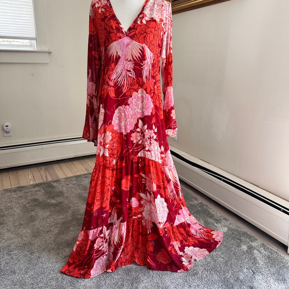 Free People Red and Pink V-Neck Long Sleeve Maxi Dress